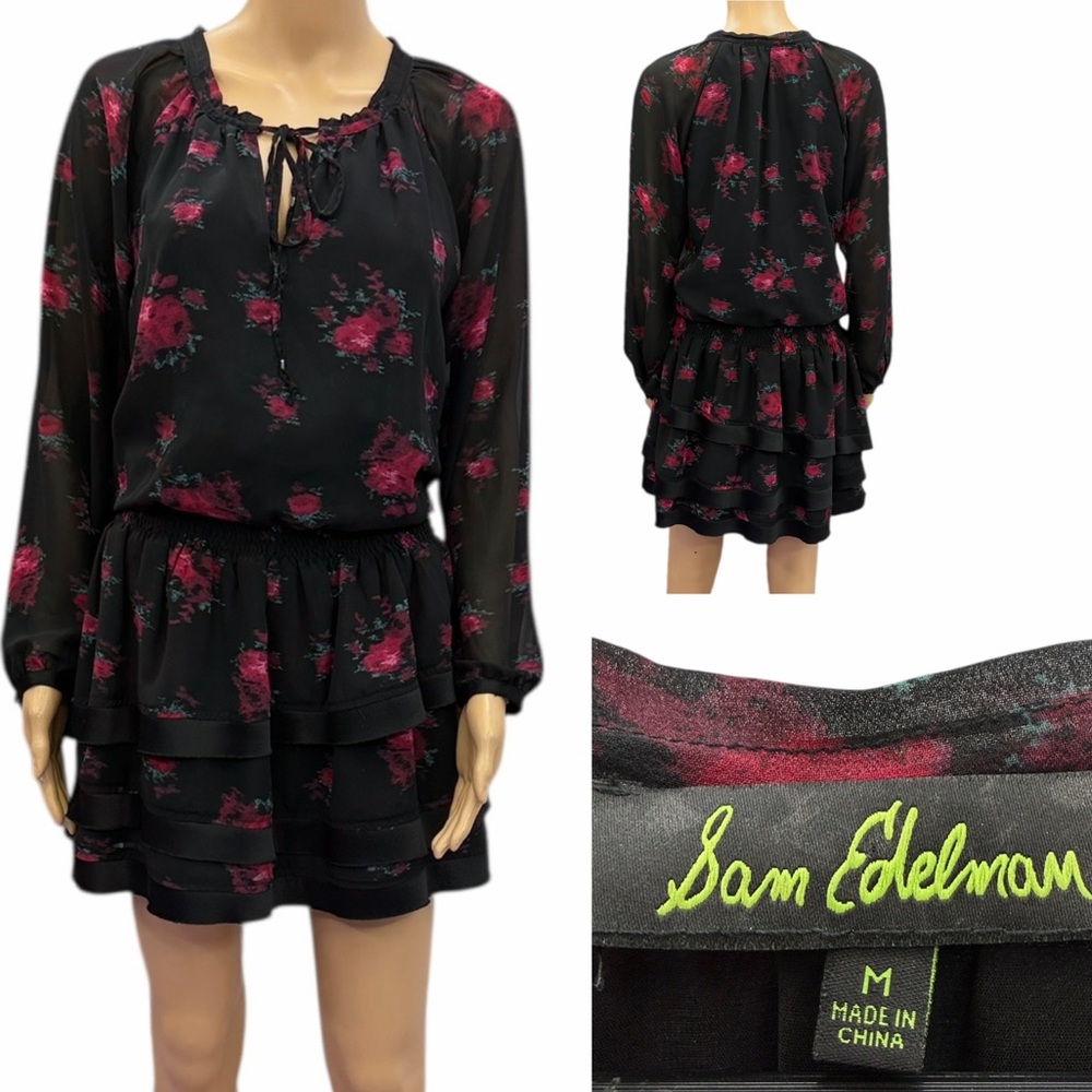 Sam Edelman Floral Chiffon Tiered Mini Dress Black Pink Womens Medium - Picture 3 of 9